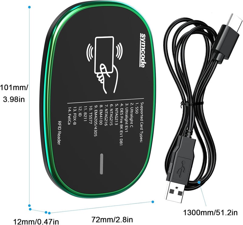 symcode RFID Reader 125KHz and 13.56Mhz Card USB Reader Plug and Play USB HID Device Emulate Keyboard for Win Linux Android iOS Black - Image 4
